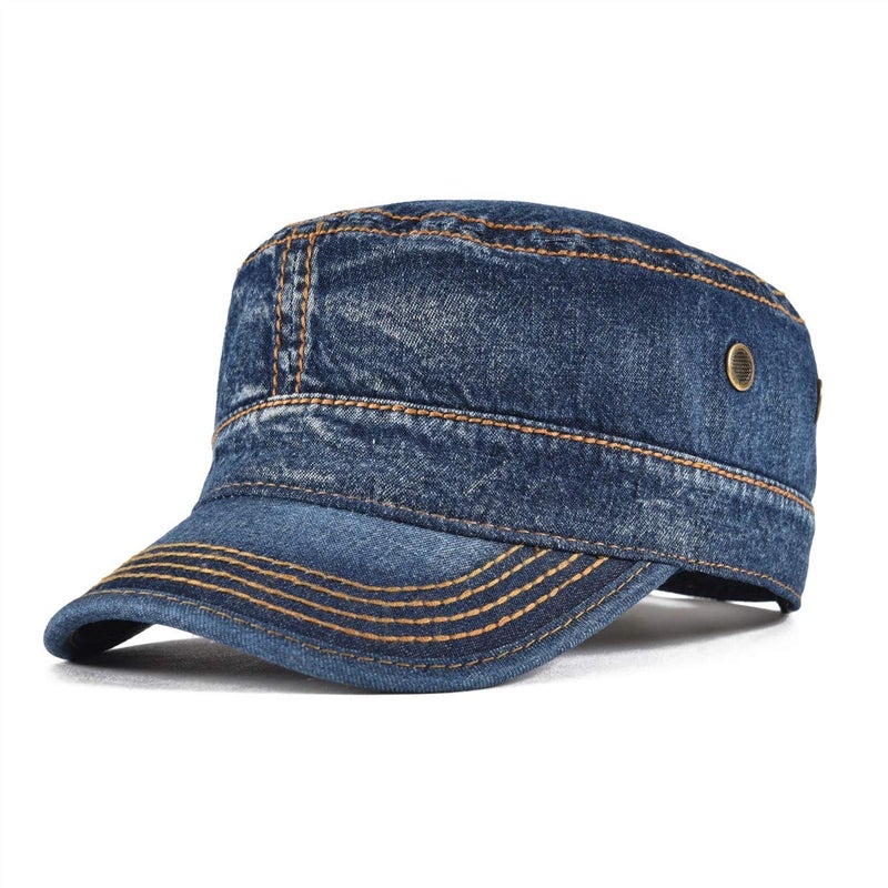 VOBOOM Washed Cotton Military Cadet Army Caps Unique Design Vintage Flat Top Hat (Denim Dark Blue) - Image 1